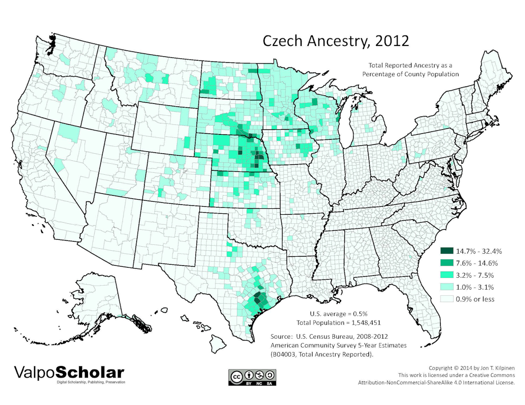 County-level map of population that specified Czech ancestry in 2012