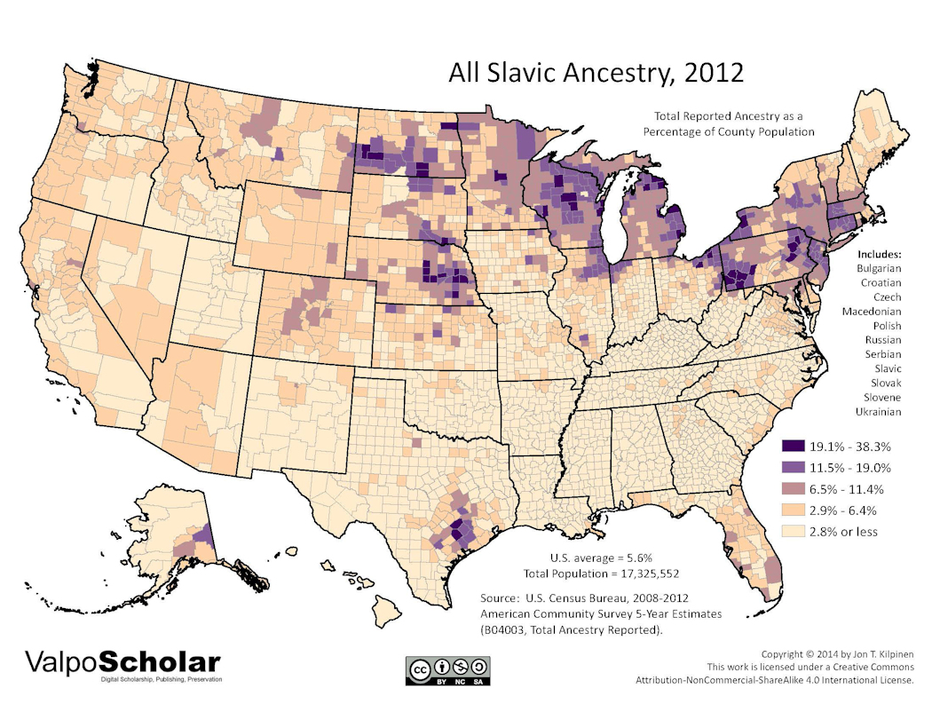 County-level map of population that specified any Slavic ancestry in 2012