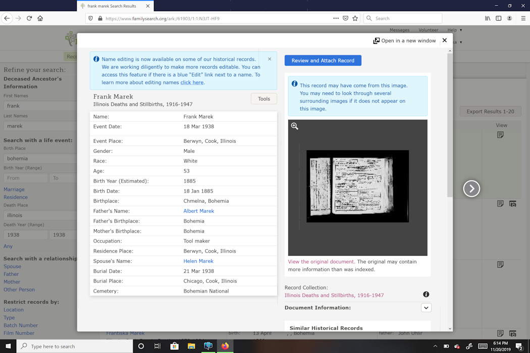 FamilySearchFrankMarek1938AppearsWOUsingCatalogProcess1050