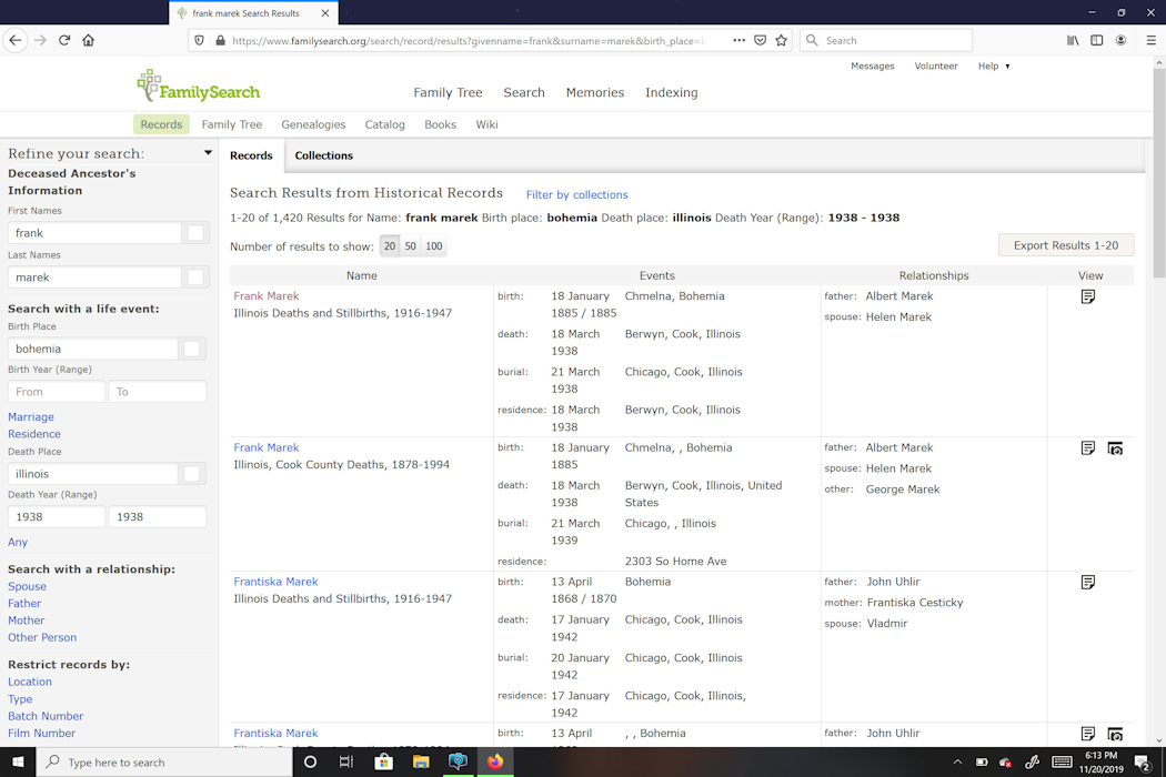 FamilySearchFrankMarekDied19381050