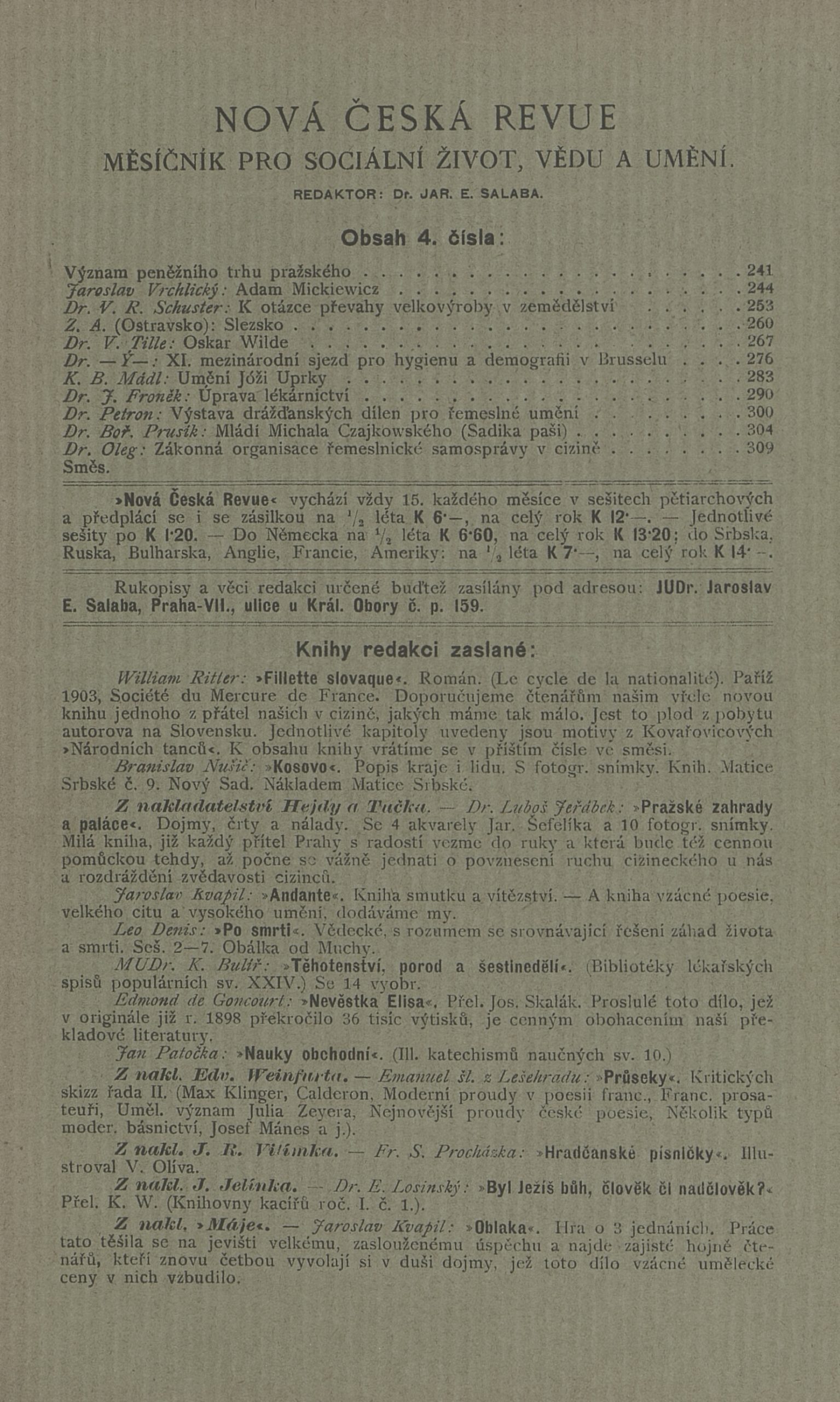 Nova Ceske Review 1904 Cover Editor Vojan Page Listing Vojan as Editor